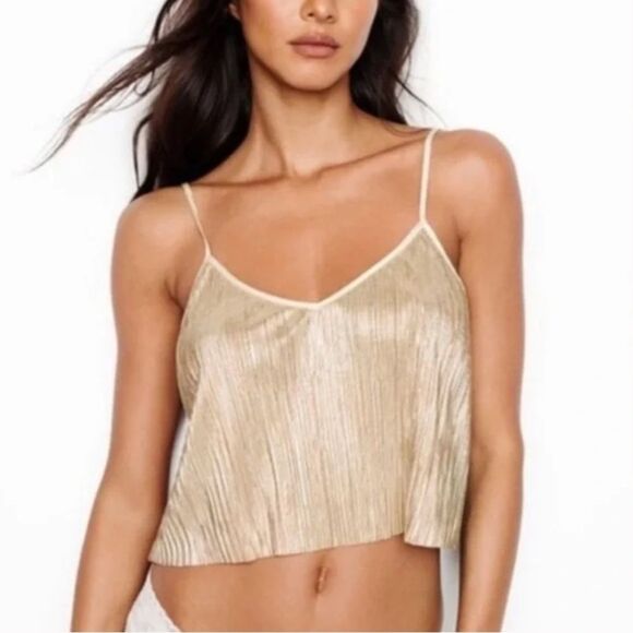 NWOT Victoria’s Secret Gold Shimmer Crop Spaghetti Strap Tank Top (XS) - Picture 1 of 8